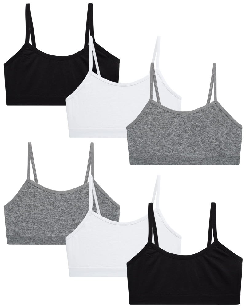 Rene Rofe Girls' Training Bra - 6 Pack 4-Way Stretch Spaghetti Strap Unpadded Bralette Starter Bras for Girls (7-14), Size 14, Black/White/Grey - Image 1